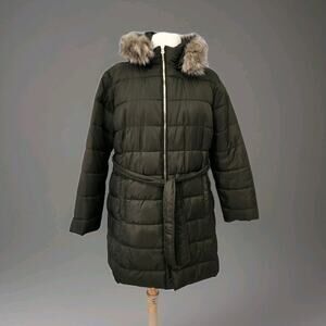 LOFT Army Olive Green Removable Faux Fur Hood Puffer Jacket Coat Size 16